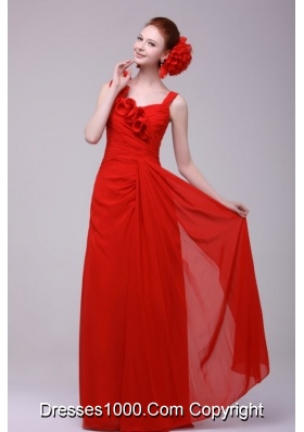 Floral Red Chiffon Prom Dress with Ruches and Straps