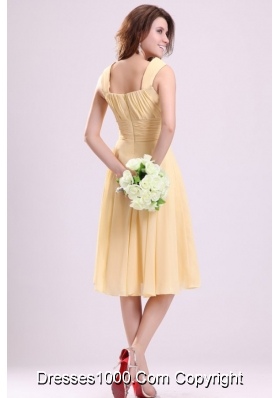 Simple Yellow A Line Tea Length Bridesmaid Dress with Straps