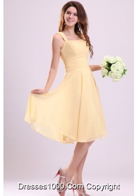 Simple Yellow A Line Tea Length Bridesmaid Dress with Straps