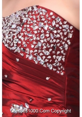 Burgundy Strapless Taffeta Prom Dress with Beading and Pick Ups