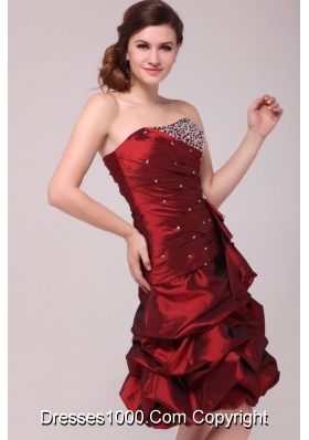 Burgundy Strapless Taffeta Prom Dress with Beading and Pick Ups