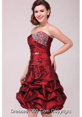 Burgundy Strapless Taffeta Prom Dress with Beading and Pick Ups