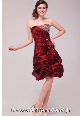 Burgundy Strapless Taffeta Prom Dress with Beading and Pick Ups