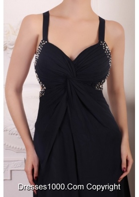 Straps Empire Chiffon Beading Sweep Train Prom Formal Dress in Black