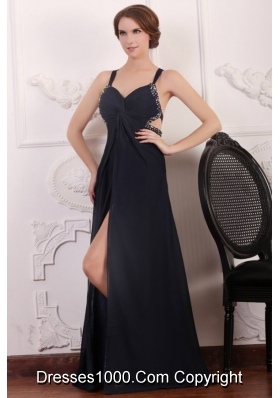 Straps Empire Chiffon Beading Sweep Train Prom Formal Dress in Black