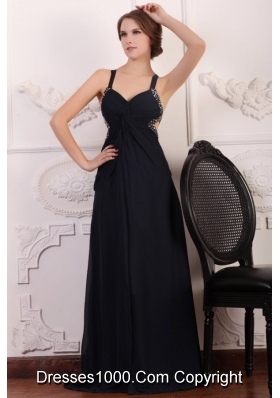 Straps Empire Chiffon Beading Sweep Train Prom Formal Dress in Black