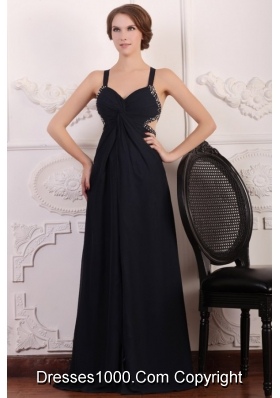 Straps Empire Chiffon Beading Sweep Train Prom Formal Dress in Black