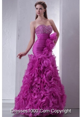 Sweetheart Beading and Rolling Flowers Mermaid Fuchsia Prom Gowns