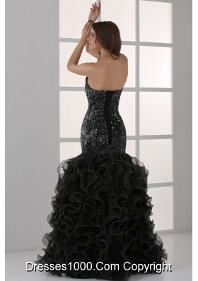 Sweetheart Black Mermaid Sequins Ruffles Prom Formal Dress Beaded