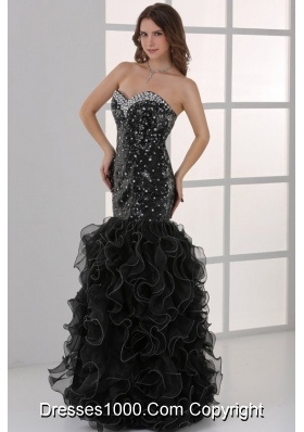 Sweetheart Black Mermaid Sequins Ruffles Prom Formal Dress Beaded