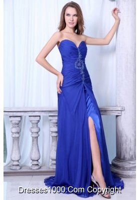 Royal Blue Sweetheart Prom Dress with Ruches and Brush Train