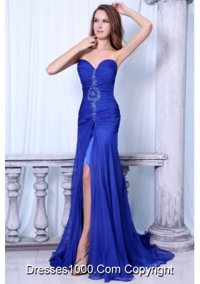 Royal Blue Sweetheart Prom Dress with Ruches and Brush Train