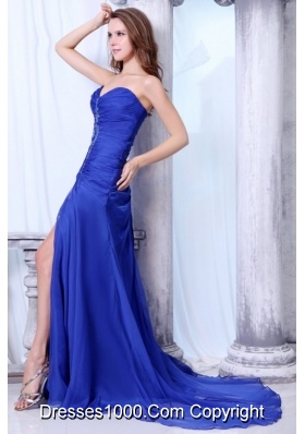 Royal Blue Sweetheart Prom Dress with Ruches and Brush Train