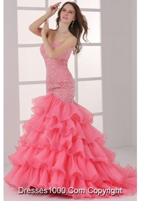 2014 Pink Sweetheart Mermaid Beading and Ruffled Layers Prom Dress