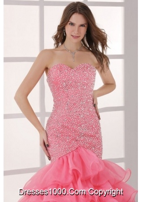 2014 Pink Sweetheart Mermaid Beading and Ruffled Layers Prom Dress