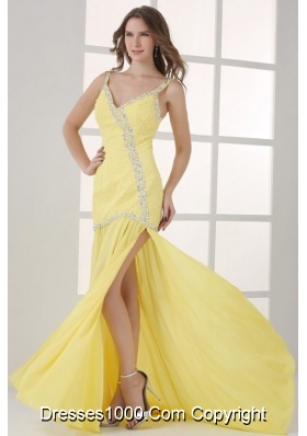 Yellow Straps Column Beading and High Silt Prom Dress with Sweep Train