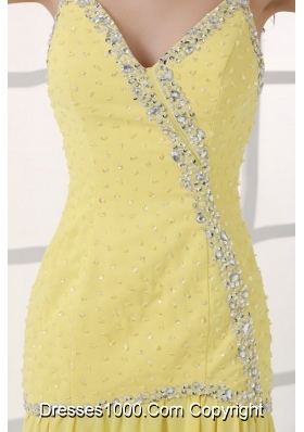 Yellow Straps Column Beading and High Silt Prom Dress with Sweep Train