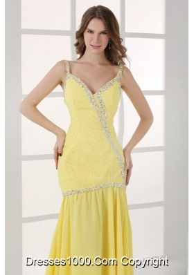 Yellow Straps Column Beading and High Silt Prom Dress with Sweep Train