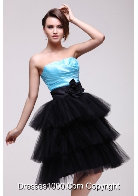 Blue and Black Strapless Senior Prom Dress with Ruches and Layers