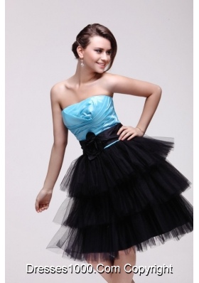 Blue and Black Strapless Senior Prom Dress with Ruches and Layers