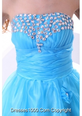 Aqua Blue Strapless Beading and Flowers Decorate Senior Prom Dress