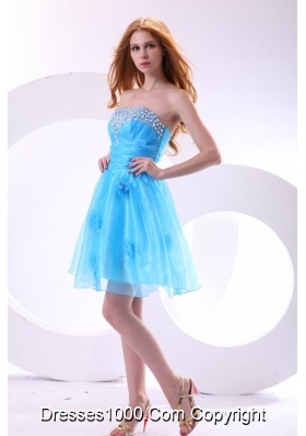 Aqua Blue Strapless Beading and Flowers Decorate Senior Prom Dress