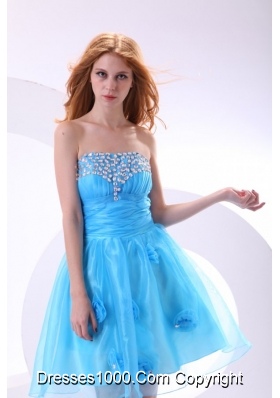 Aqua Blue Strapless Beading and Flowers Decorate Senior Prom Dress