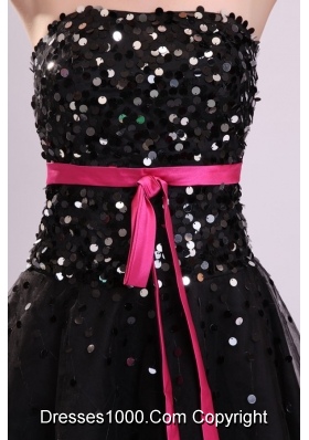 Black Short Princess Strapless Party Dress with Sash and Sequins