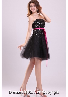 Black Short Princess Strapless Party Dress with Sash and Sequins