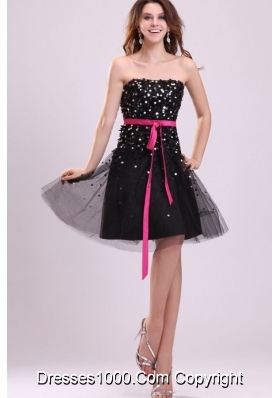 Black Short Princess Strapless Party Dress with Sash and Sequins