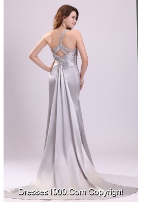 Watteau Train Silver Evening Dress with Ruches and Slit