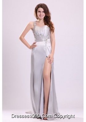 Watteau Train Silver Evening Dress with Ruches and Slit