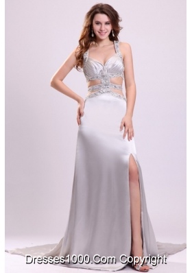 Sexy Silver Halter Evening Dress with Beading and Sexy Back