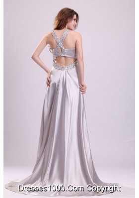 Silver Sweetheart Ruched Bodice Halter Prom Evening Dress with Slit