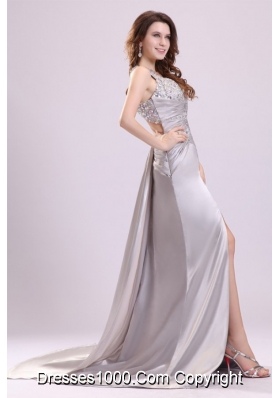 Silver Sweetheart Ruched Bodice Halter Prom Evening Dress with Slit