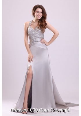 Silver Sweetheart Ruched Bodice Halter Prom Evening Dress with Slit