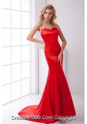 Bright Red Sweetheart Mermaid Prom Evening Dress with Brush Train