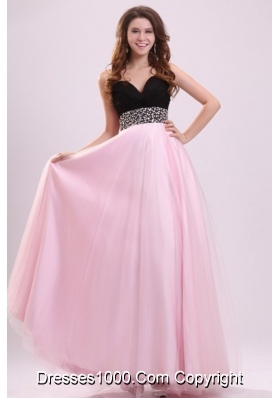 Black and Baby Pink Sweetheart Prom Dress with Beading and Ruches