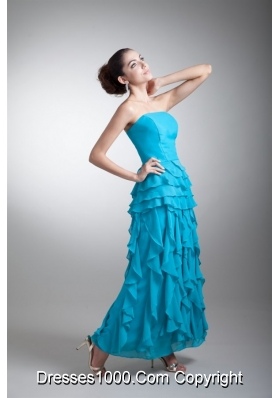 Blue Scoop Prom Mother Dress with Shawl and Layered Ruffles