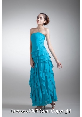 Blue Scoop Prom Mother Dress with Shawl and Layered Ruffles