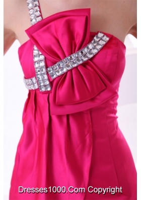 Hot Pink One Shoulder Prom Dress with Beading and Bowknot