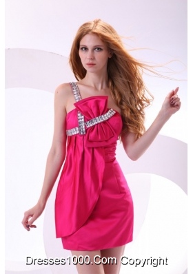 Hot Pink One Shoulder Prom Dress with Beading and Bowknot