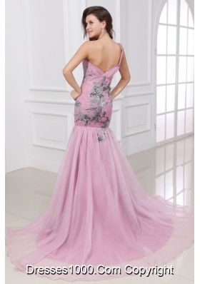 Sweetheart Ruched Prom Celebrity Dress with Appliques and Train