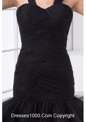 Elegant Black Tulle Made Prom Dress with Straps and Layered Skirt