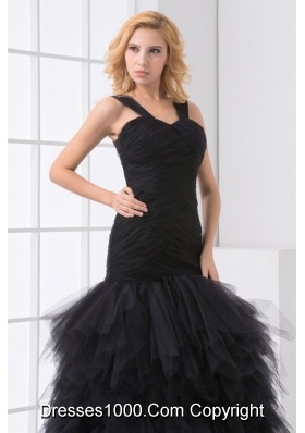 Elegant Black Tulle Made Prom Dress with Straps and Layered Skirt