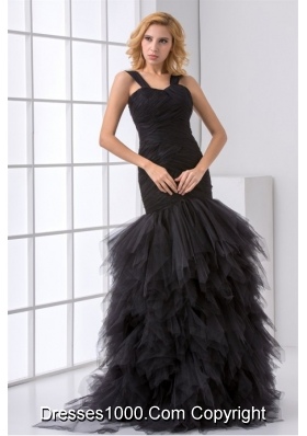 Elegant Black Tulle Made Prom Dress with Straps and Layered Skirt