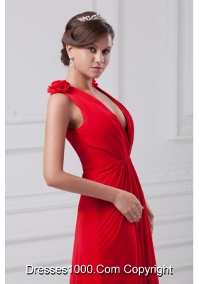 Sexy Red Deep V Neck Chiffon Prom Evening Dress with Straps