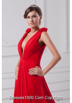 Sexy Red Deep V Neck Chiffon Prom Evening Dress with Straps