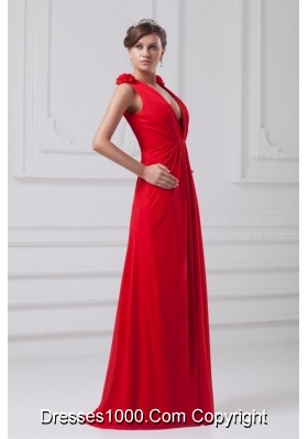 Sexy Red Deep V Neck Chiffon Prom Evening Dress with Straps