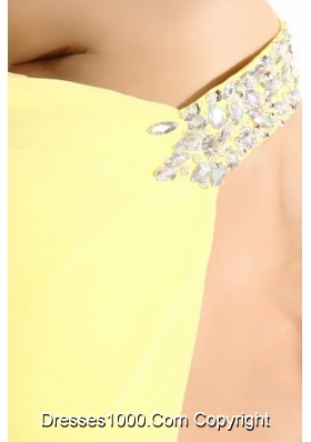 Light Yellow Chiffon High-low Prom Dress with One Shoulder Beading